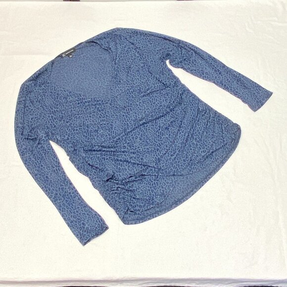INC Burnout V Neck Faux Wrap Shirred Side Blouse Blue Leopard 1X Long Sleeve - Picture 8 of 12